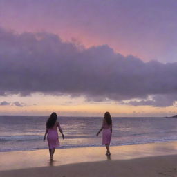 A panoramic Pacific Island sunset cover, featuring a sky transitioning from orange, pink to purple hues. In the foreground, focus on a couple named Kai and Leilani, profiles facing each other, standing on a sandy beach