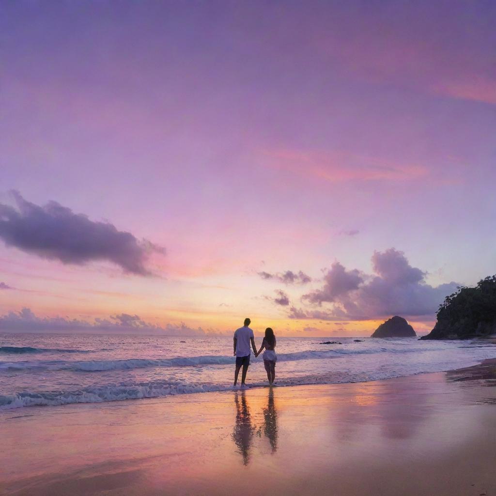 A panoramic Pacific Island sunset cover, featuring a sky transitioning from orange, pink to purple hues. In the foreground, focus on a couple named Kai and Leilani, profiles facing each other, standing on a sandy beach