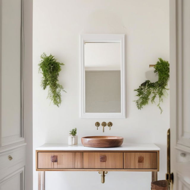 White plaster wall featuring a beautiful bathroom vanity beside a mirror. Accented with greenery in a jar for an architectural photography vibe.