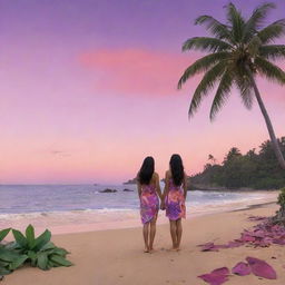 Illustrate a panoramic Pacific Island sunset with the sky transitioning from orange to pink and purple. Show a couple named Kai and Leilani in the foreground, standing face to face on a sandy beach, clad in outfits made of leaves.