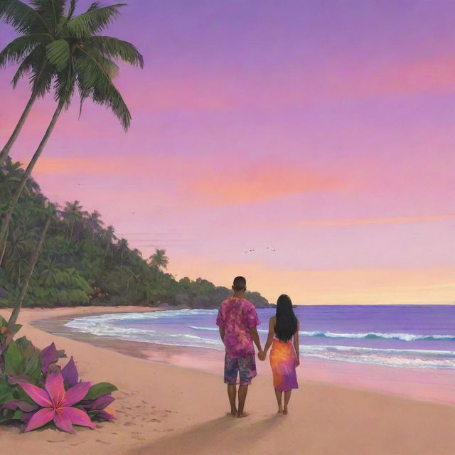 Illustrate a panoramic Pacific Island sunset with the sky transitioning from orange to pink and purple. Show a couple named Kai and Leilani in the foreground, standing face to face on a sandy beach, clad in outfits made of leaves.