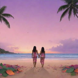 Illustrate a panoramic Pacific Island sunset with the sky transitioning from orange to pink and purple. Show a couple named Kai and Leilani in the foreground, standing face to face on a sandy beach, clad in outfits made of leaves.