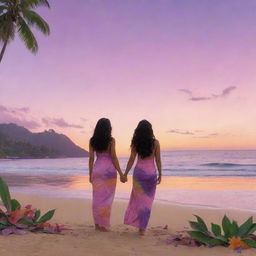 Illustrate a panoramic Pacific Island sunset with the sky transitioning from orange to pink and purple. Show a couple named Kai and Leilani in the foreground, standing face to face on a sandy beach, clad in outfits made of leaves.