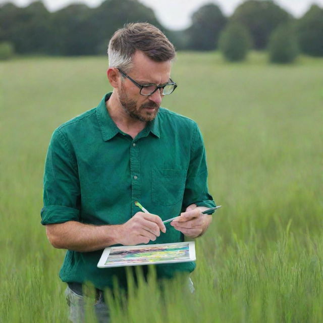 A male individual standing in a green field, intently using a digital paintbrush on his iPad, engaged in creating vibrant art