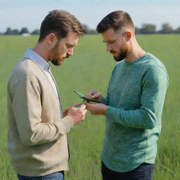 A male individual standing in a green field, intently using a digital paintbrush on his iPad, engaged in creating vibrant art