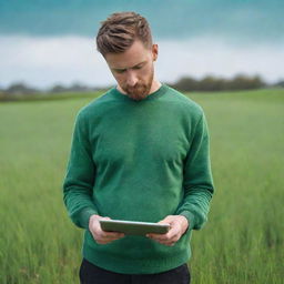 A male individual standing in a green field, intently using a digital paintbrush on his iPad, engaged in creating vibrant art