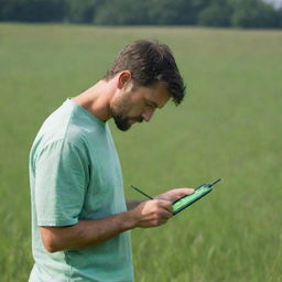 A male individual standing in a green field, intently using a digital paintbrush on his iPad, engaged in creating vibrant art