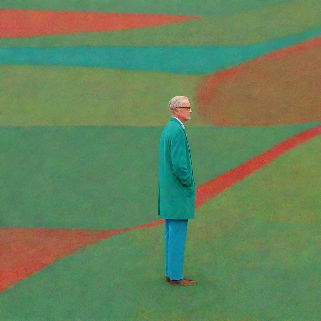 A man standing in a field, portrayed in the vivid and abstract style of David Hockney's iPad art