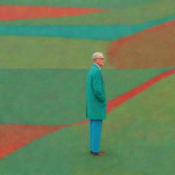 A man standing in a field, portrayed in the vivid and abstract style of David Hockney's iPad art