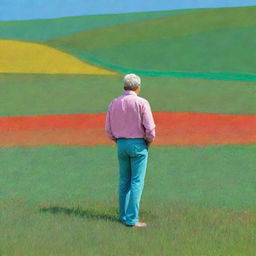 A man standing in a field, portrayed in the vivid and abstract style of David Hockney's iPad art