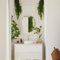 White plaster wall featuring a beautiful bathroom vanity beside a mirror. Accented with greenery in a jar for an architectural photography vibe.