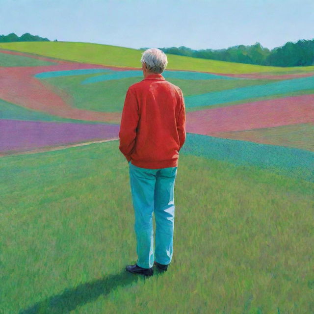 A man standing in a field, portrayed in the vivid and abstract style of David Hockney's iPad art