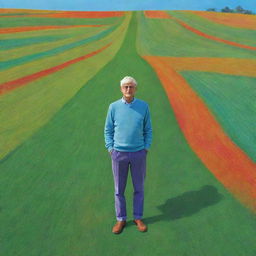 A man standing in a field, portrayed in the vivid and abstract style of David Hockney's iPad art