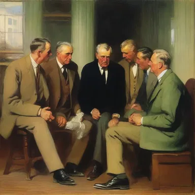 The painting depicted a group of stockholders discussing their future investments.