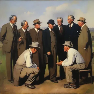 The painting depicted a group of stockholders discussing their future investments.