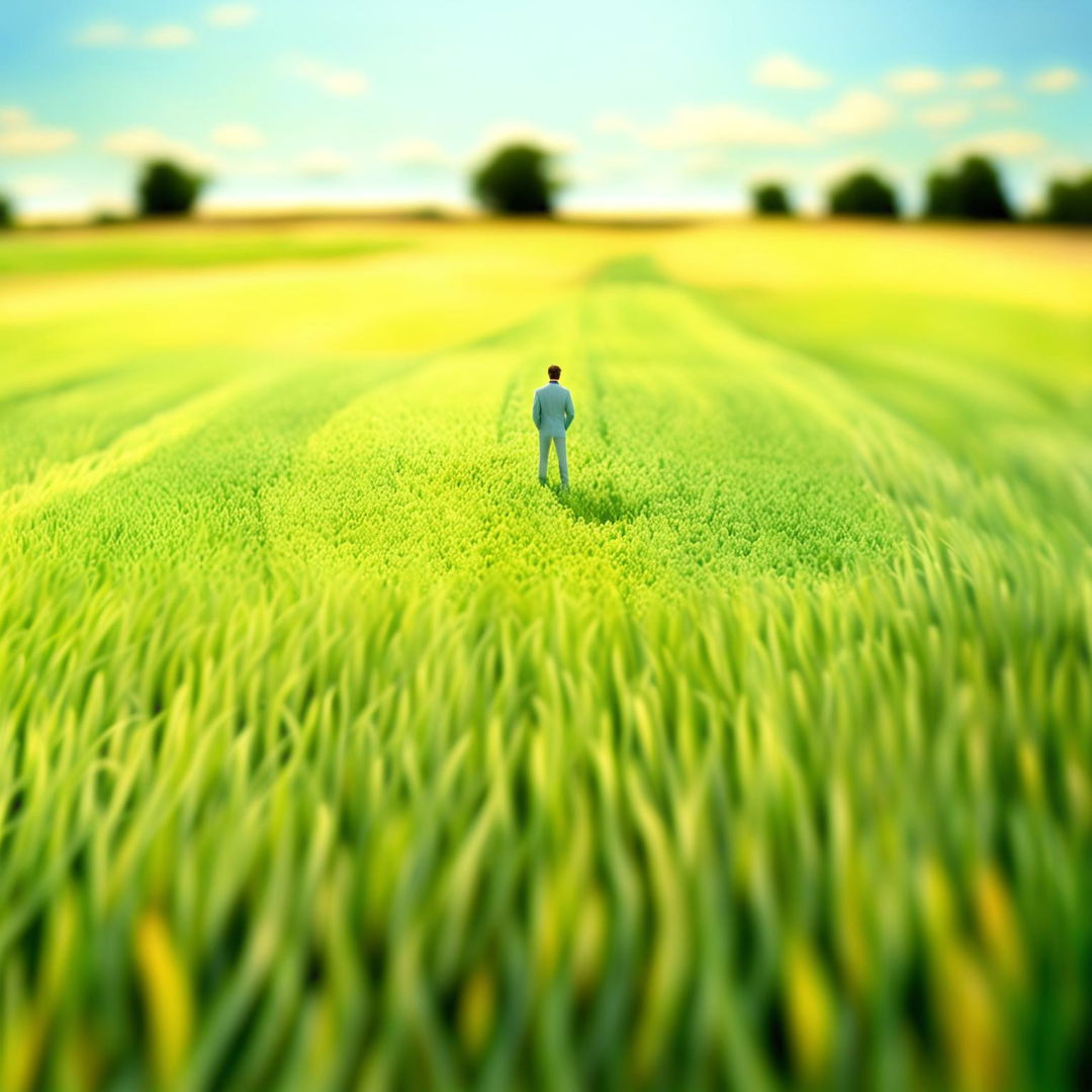 A stylized rendition of a man standing in a field, viewed from 300 meters away, applying a tilt-shift effect. The visual approach should reflect the digital art techniques used by David Hockney on his iPad.