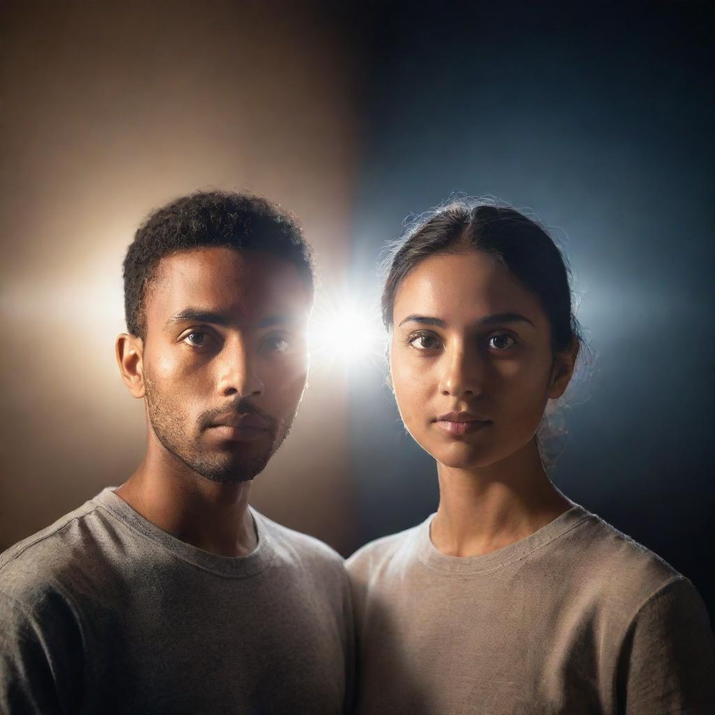 Two individuals standing side by side, one of them symbolically portrayed as an 'eye opener', with radiant light and knowledge beaming from their eyes.