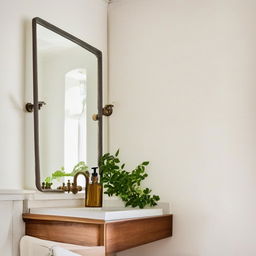 White plaster wall with a beautiful bathroom vanity, a mirror, and greenery in a jar. Architectural photography