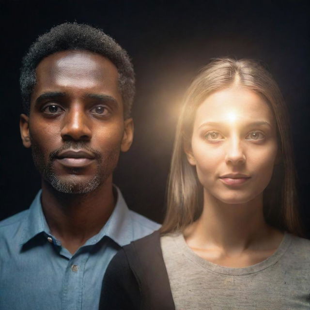 Two individuals standing side by side, one of them symbolically portrayed as an 'eye opener', with radiant light and knowledge beaming from their eyes.