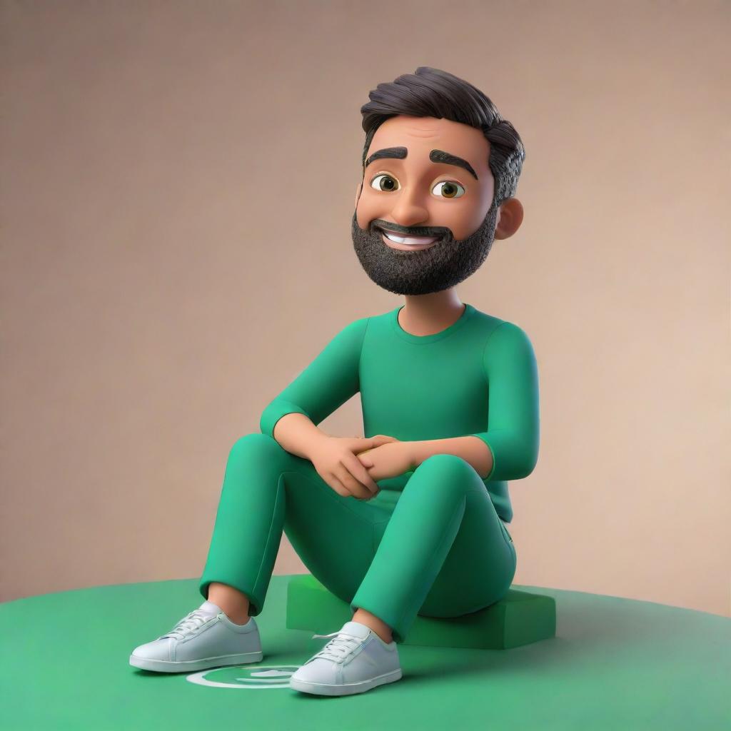 3D illustration of a modernly dressed animated character casually sitting atop the WhatsApp logo, in the background- a social media profile page titled 'Nazim Ali'