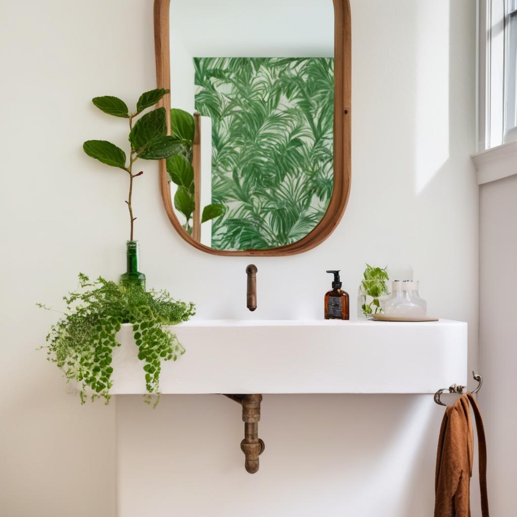 White plaster wall with a beautiful bathroom vanity, a mirror, and greenery in a jar. Architectural photography