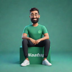 3D illustration of a modernly dressed animated character casually sitting atop the WhatsApp logo, in the background- a social media profile page titled 'Nazim Ali'