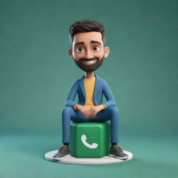 3D illustration of a modernly dressed animated character casually sitting atop the WhatsApp logo, in the background- a social media profile page titled 'Nazim Ali'