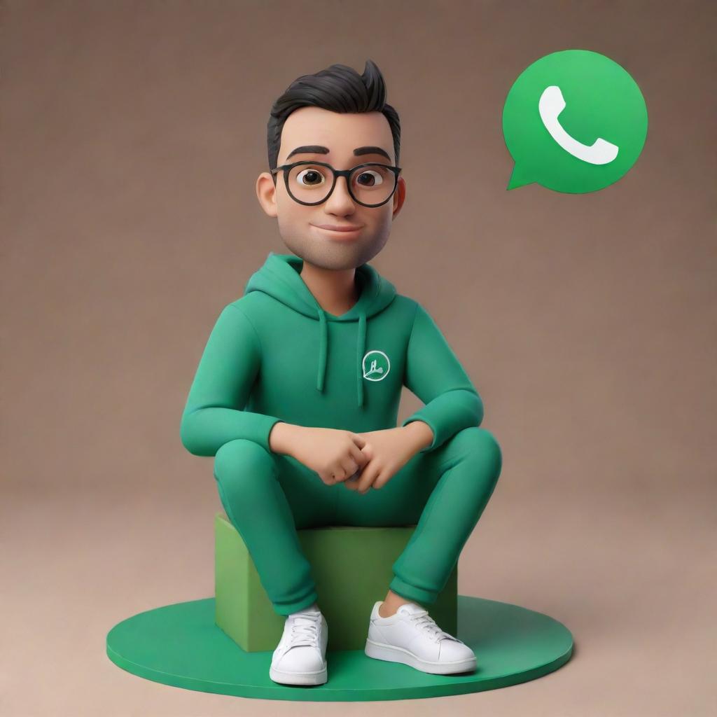 3D illustration of a modernly dressed animated character casually sitting atop the WhatsApp logo, in the background- a social media profile page titled 'Nazim Ali'