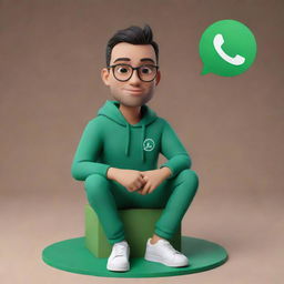 3D illustration of a modernly dressed animated character casually sitting atop the WhatsApp logo, in the background- a social media profile page titled 'Nazim Ali'