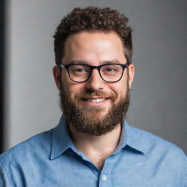 Generate a professional and friendly portrait of Noah Kagan, the founder of AppSumo, with his characteristic beard and glasses, in a modern business setting.