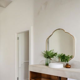 White plaster wall with a beautiful bathroom vanity, a mirror, and greenery in a jar. Architectural photography