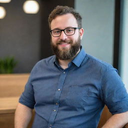 Generate a professional and friendly portrait of Noah Kagan, the founder of AppSumo, with his characteristic beard and glasses, in a modern business setting.