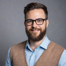 Generate a professional and friendly portrait of Noah Kagan, the founder of AppSumo, with his characteristic beard and glasses, in a modern business setting.