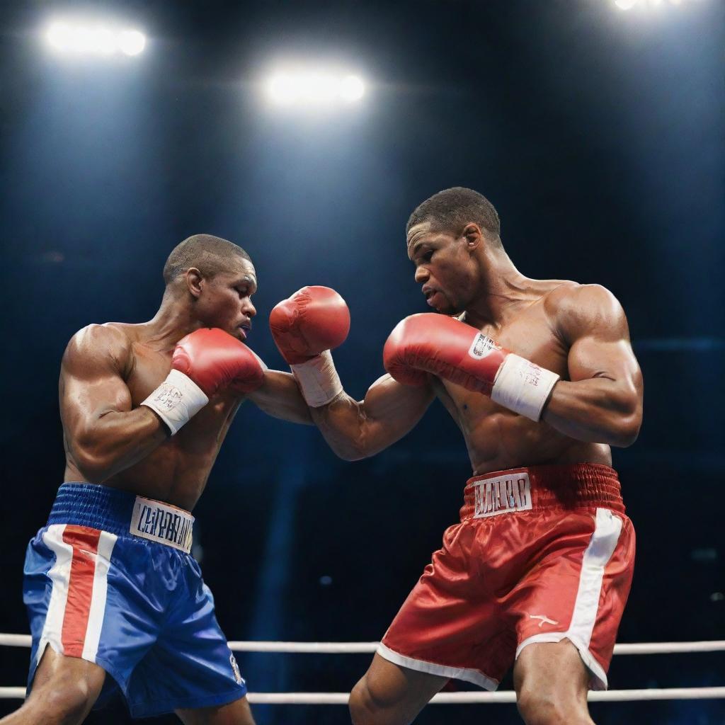 Two powerful boxers in the middle of a fight in a crowd-filled stadium, under a spotlight. Both are wearing red and blue boxing gloves.