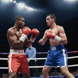 Two powerful boxers in the middle of a fight in a crowd-filled stadium, under a spotlight. Both are wearing red and blue boxing gloves.