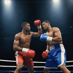 Two powerful boxers in the middle of a fight in a crowd-filled stadium, under a spotlight. Both are wearing red and blue boxing gloves.