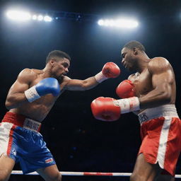 Two powerful boxers in the middle of a fight in a crowd-filled stadium, under a spotlight. Both are wearing red and blue boxing gloves.