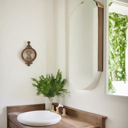 White plaster wall with a beautiful bathroom vanity, a mirror, and greenery in a jar. Architectural photography