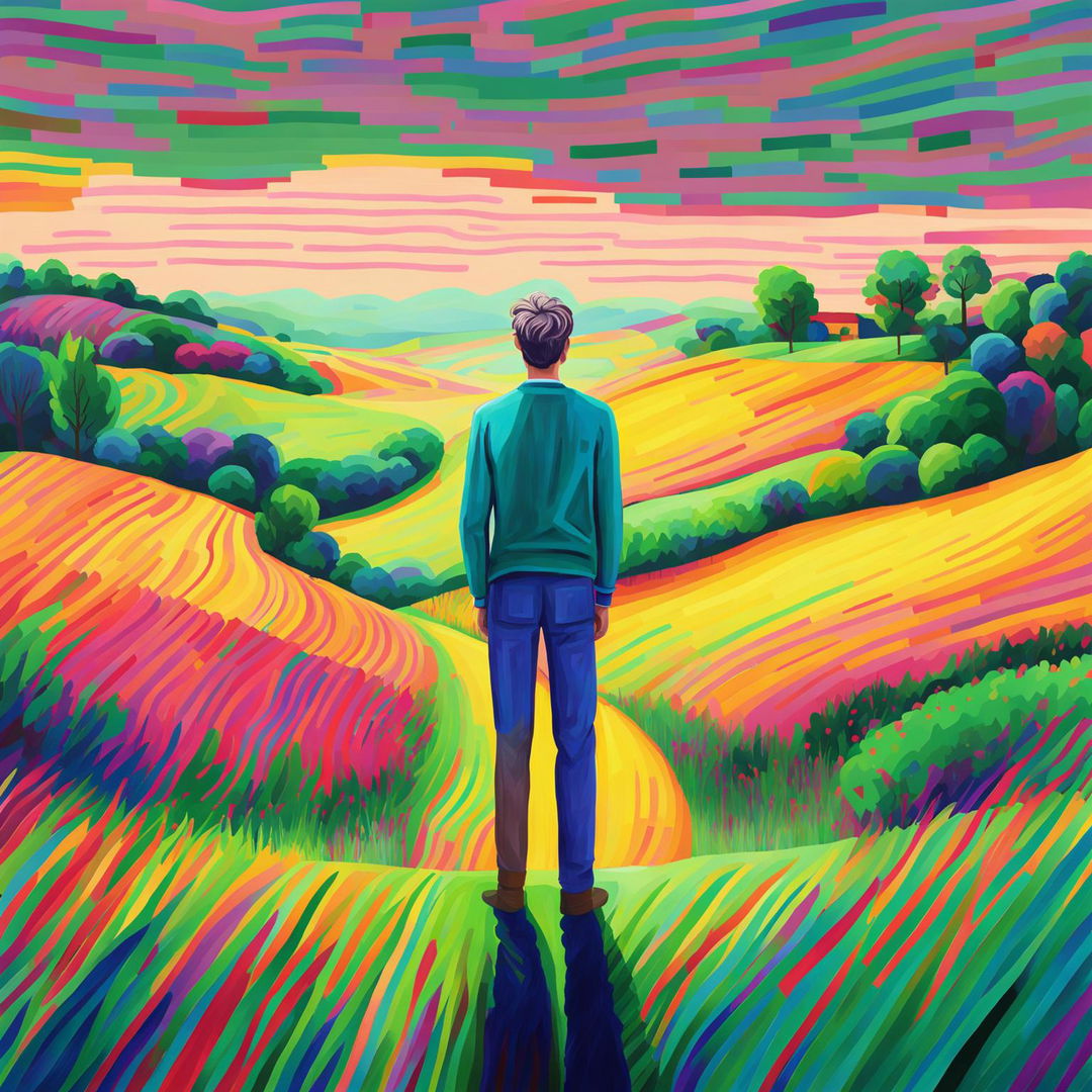 Create an image of a man standing in an expansive field, in the colorful, digital painting style of David Hockney's iPad art.