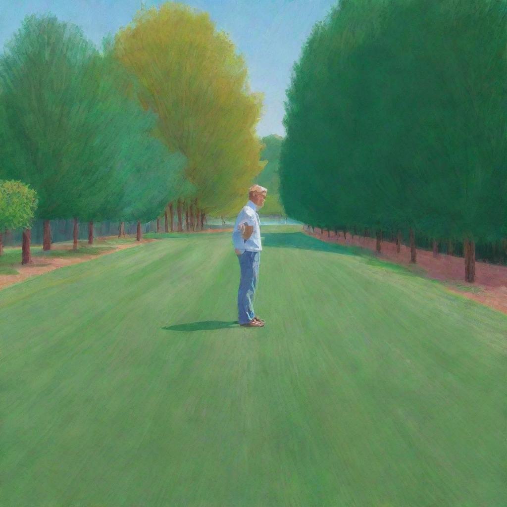 Remove the man from the previous image and focus on illustrating the expansive field in the style of David Hockney's iPad art alone.