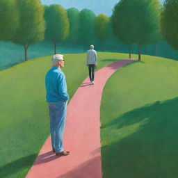 Remove the man from the previous image and focus on illustrating the expansive field in the style of David Hockney's iPad art alone.