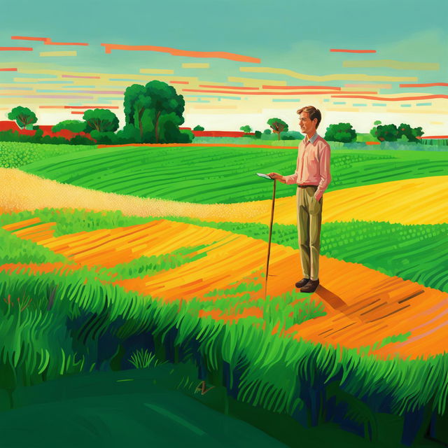 Remove the man from the previous image, leaving only the expansive field, rendered in the digital painting style of David Hockney's iPad art.