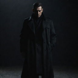 A male character with a sinister demeanor, wearing a black trench coat and standing on a dark setting.