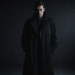 A male character with a sinister demeanor, wearing a black trench coat and standing on a dark setting.