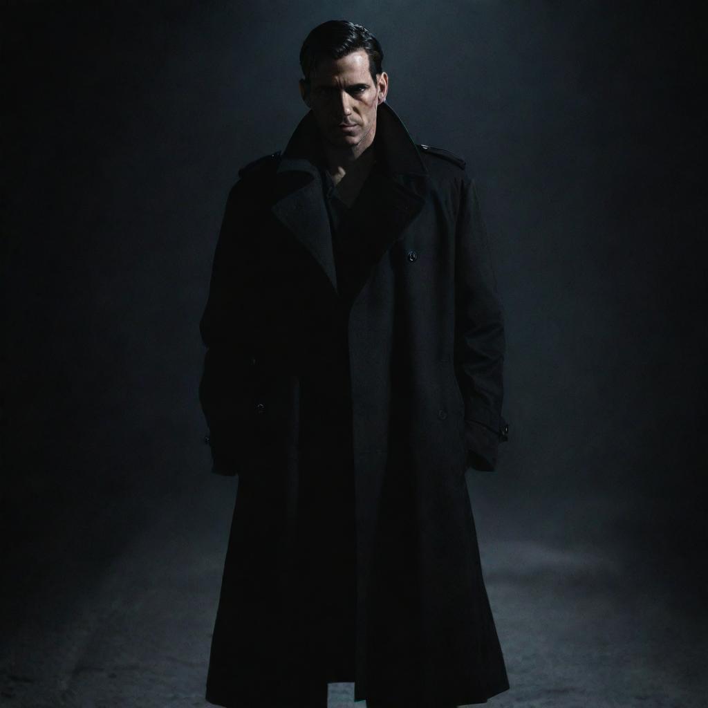 A male character with a sinister demeanor, wearing a black trench coat and standing on a dark setting.