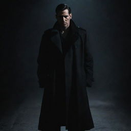 A male character with a sinister demeanor, wearing a black trench coat and standing on a dark setting.