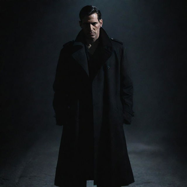 A male character with a sinister demeanor, wearing a black trench coat and standing on a dark setting.