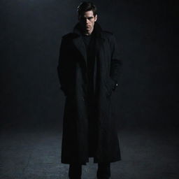 A male character with a sinister demeanor, wearing a black trench coat and standing on a dark setting.