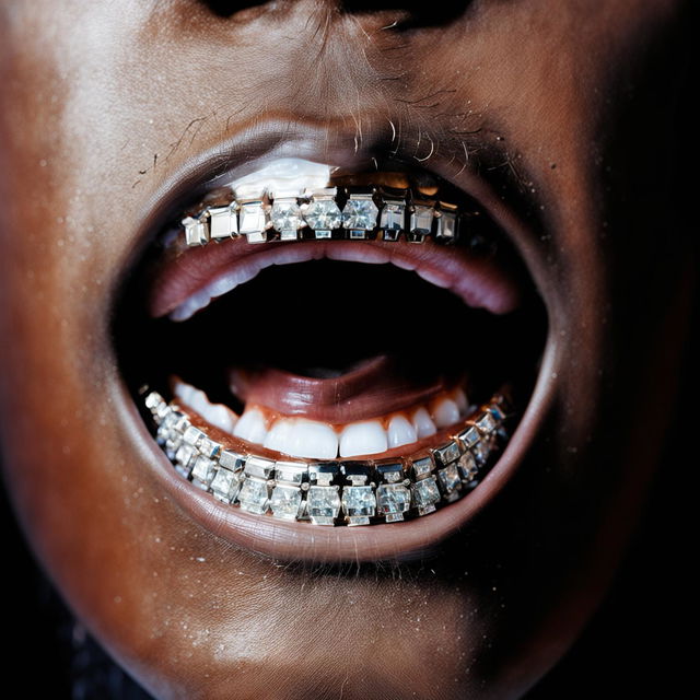 A close-up detailed view of a rapper's open mouth, revealing glittering, diamond-encrusted grillz fashioned into the symbol '$$$'.