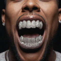 Detailed zoomed-in view of a rapper's open mouth, showcasing custom-made grills in the shape of '$$$', iced out and sparkling under light.